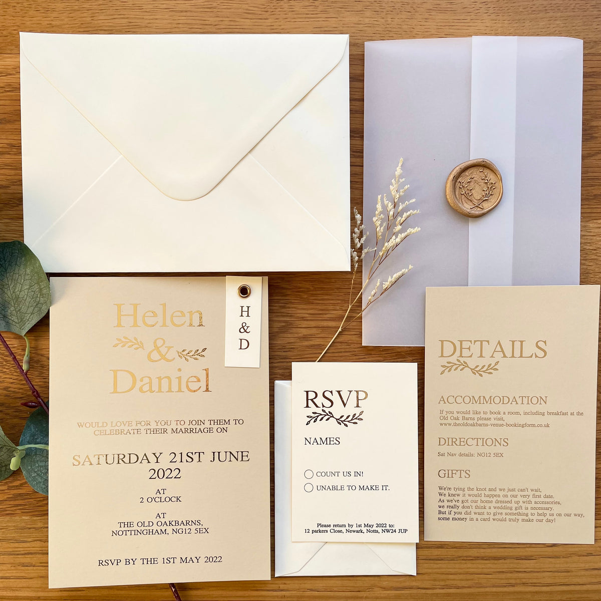 Wedding Invitation Set with Vellum Wrap & Wax Seal