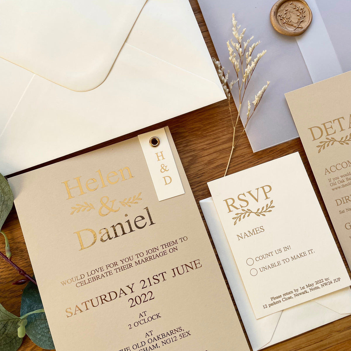 Wedding Invitation Set with Vellum Wrap & Wax Seal