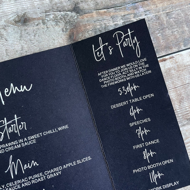Black and White Wedding Thank you | Menu | Order of Events 'The Reveal'