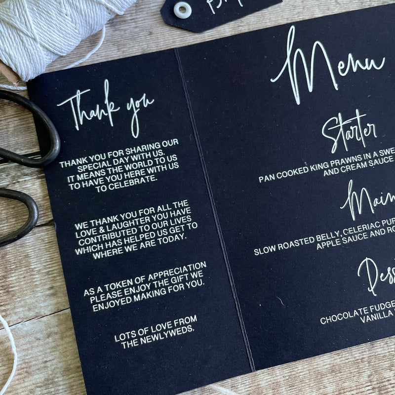Black and White Wedding Thank you | Menu | Order of Events 'The Reveal'